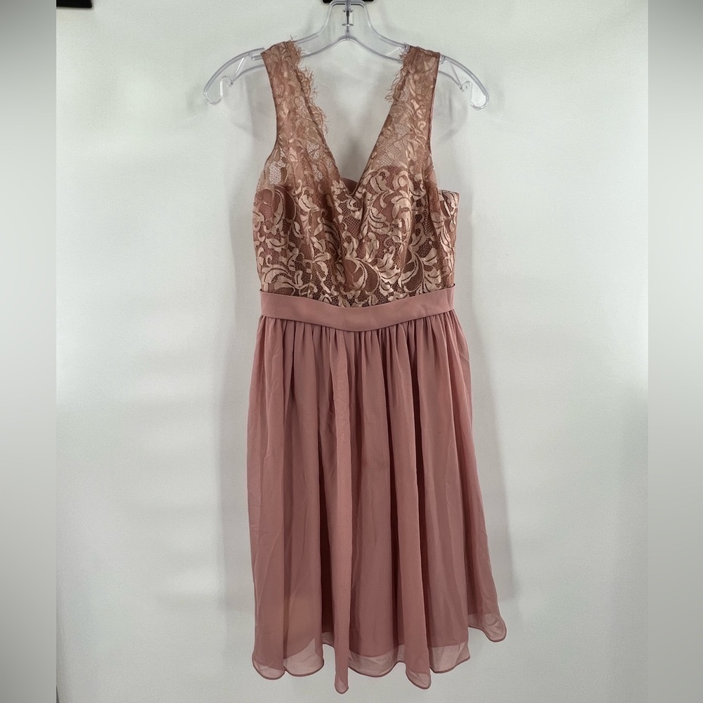Azazie pink blush dress M sleeveless cocktail lace overlay